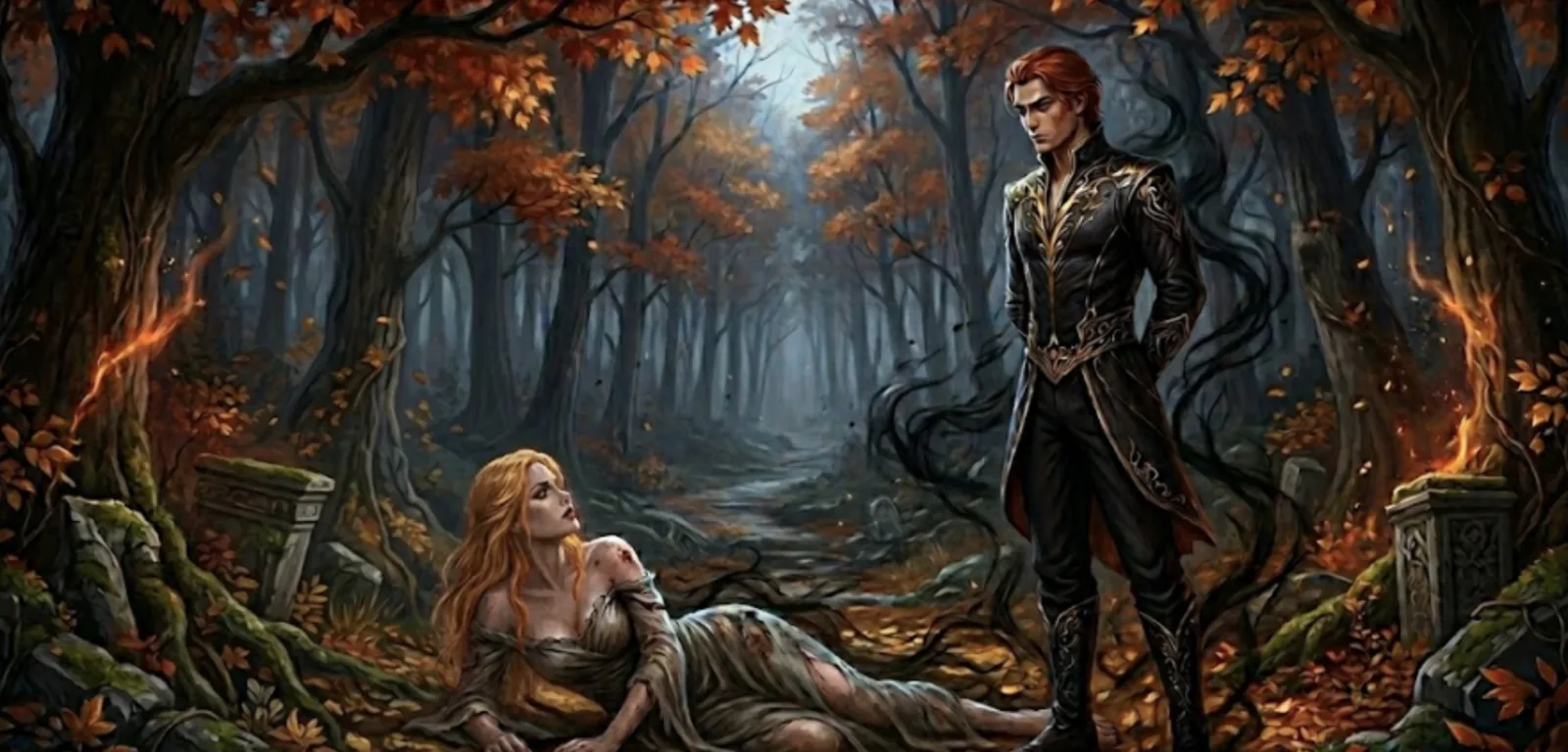 A tense, shadowed confrontation in the autumn woods: a prone, wounded Morrigan looking up at a rigid, impassive Eris, conveying the heavy weight of unspoken truths locking them in a perpetual standoff.